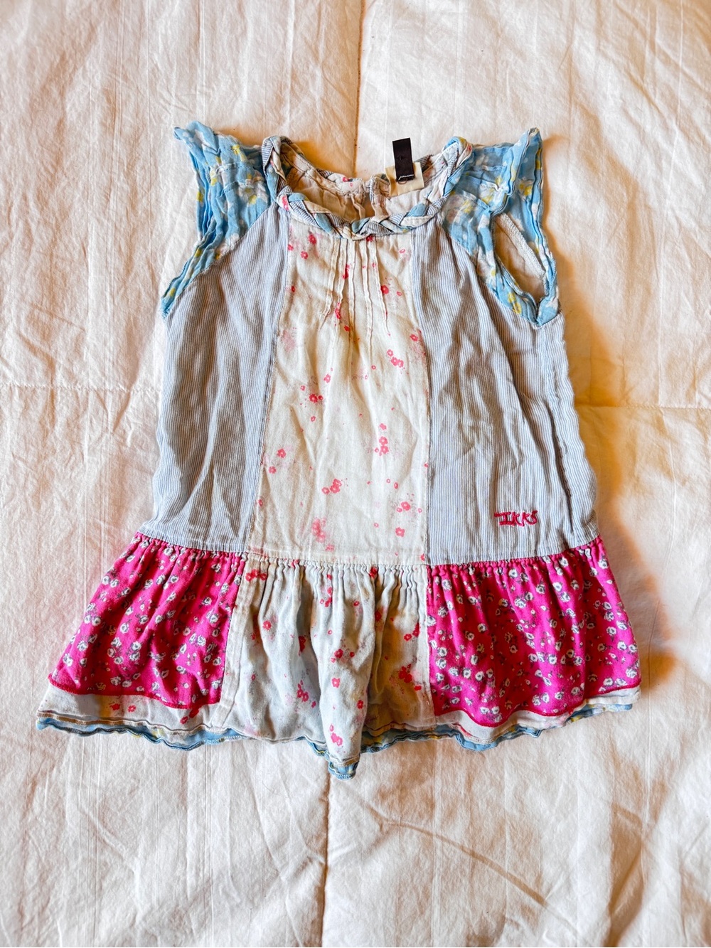 Ikks Baby Girls Blue, Cream & Pink Mixed-Print Dress 100% Cotton